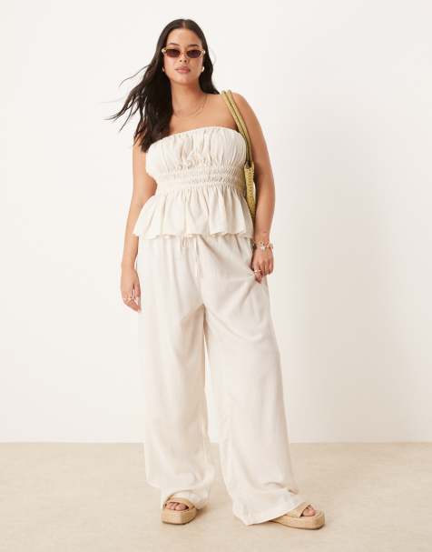 ASOS DESIGN Curve – Belle – Zestaw plażowy z materiału z dodatkiem lnu w kolorze naturalnym - view 1