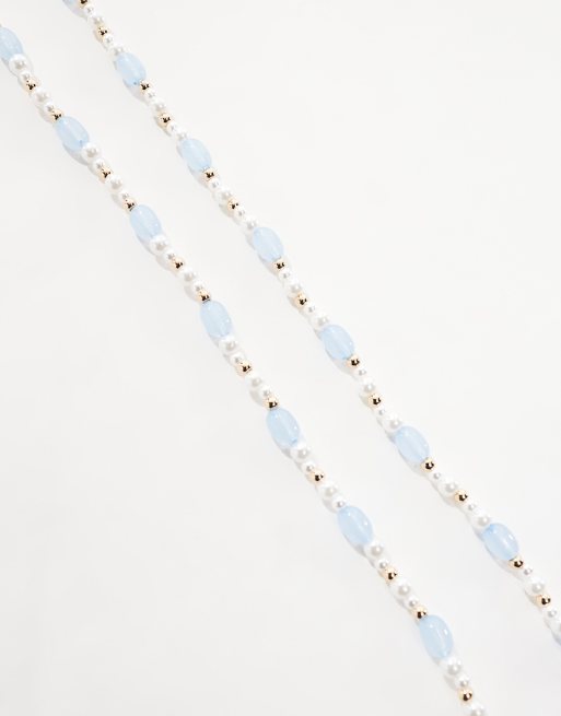 ASOS DESIGN Curve belly chain in faux pearl and blue bead design, 4 of 4