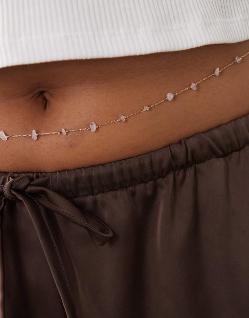 ASOS DESIGN Curve belly chain with multi-coloured chippings in gold tone, 2 of 3