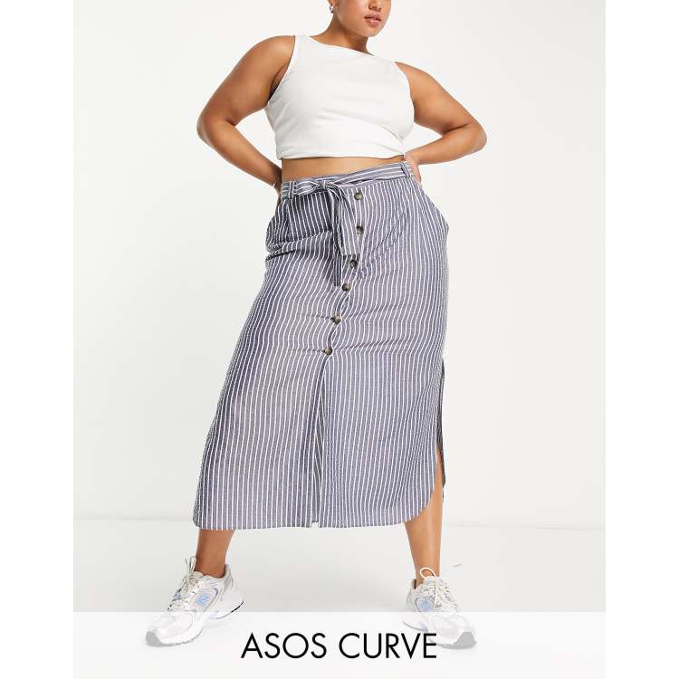 ASOS DESIGN Curve belted button up midi skirt in mono stripe