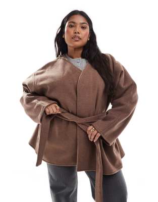 ASOS DESIGN Curve belted collarless formal coat in mushroom-Brown