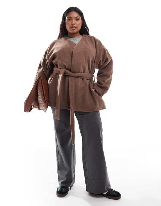 ASOS DESIGN Curve belted collarless formal coat in mushroom