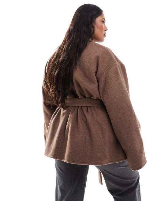 ASOS DESIGN Curve belted collarless formal coat in mushroom