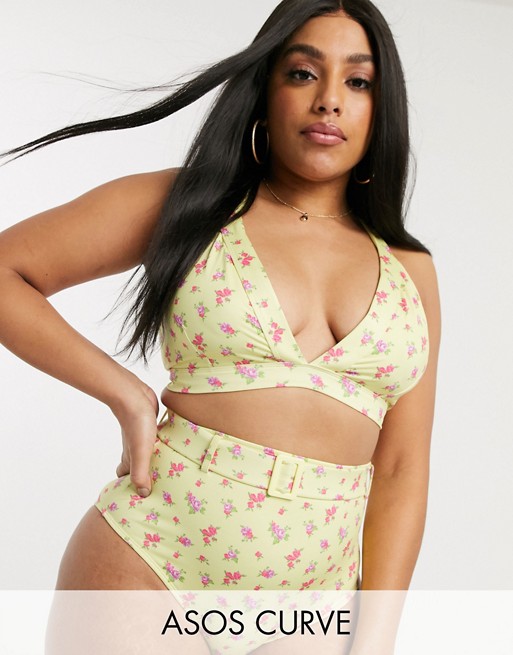 ASOS DESIGN curve belted high waist bikini bottom in yellow ditsy floral