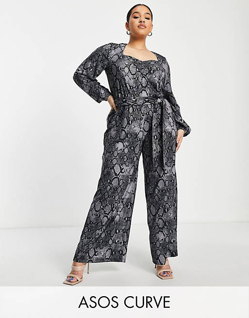 Jumpsuits & Playsuits Curve belted jumpsuit with volume sleeve in snake print 