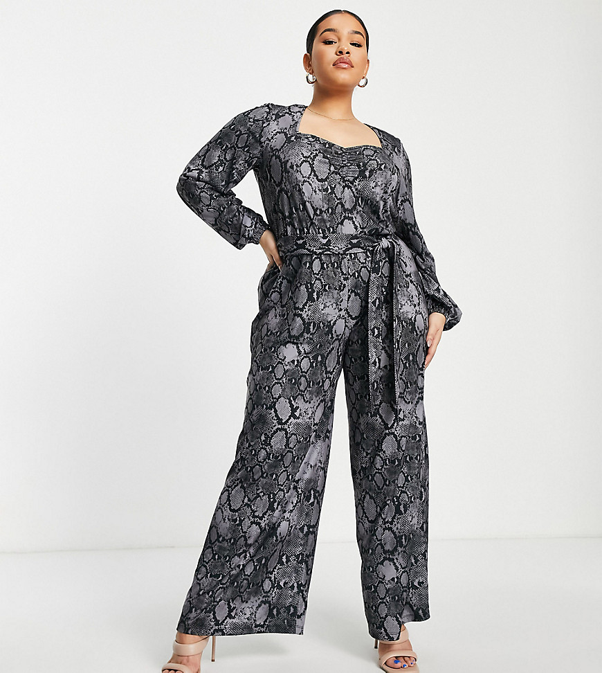 ASOS DESIGN Curve belted jumpsuit with volume sleeves in snake print-Multi