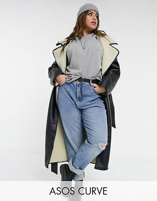 ASOS DESIGN Curve belted longline leather look coat in black and cream ...