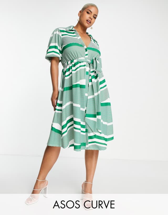 ASOS DESIGN Curve belted midi shirt dress in green stripe