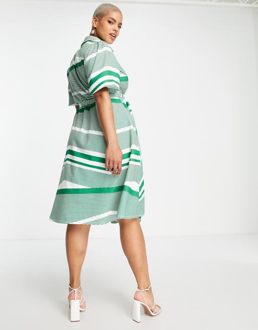 ASOS DESIGN Curve belted midi shirt dress in green stripe, 2 of 4