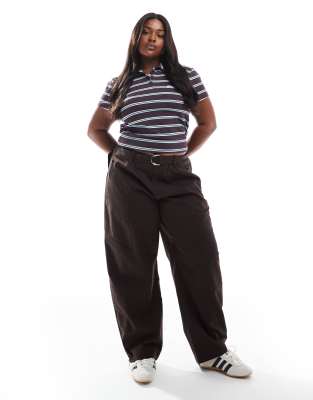 Asos Design Curve Belted Paneled Laundered Utility Pants With Zip Detail In Brown