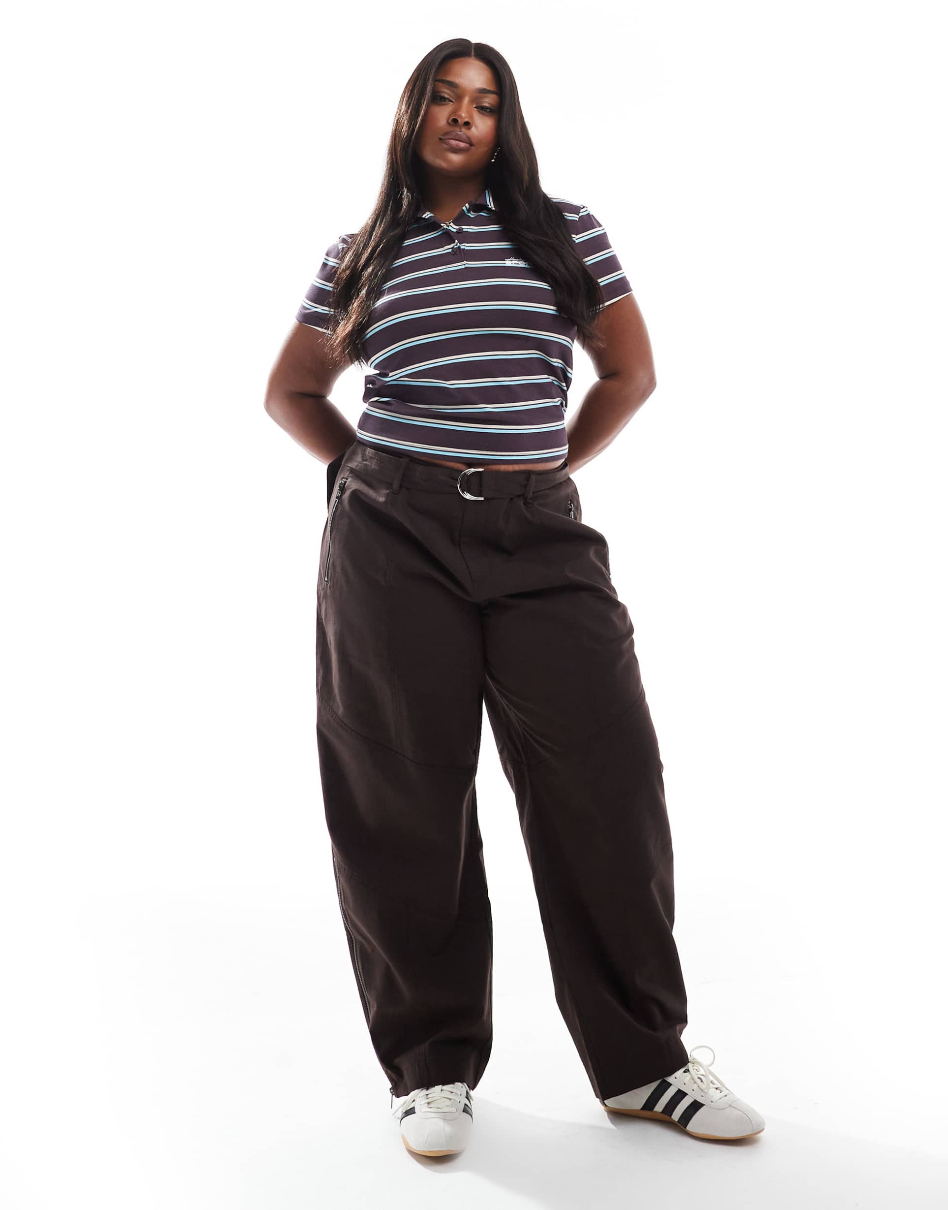 asos design curve belted paneled laundered utility pants with zip detail in chocolate