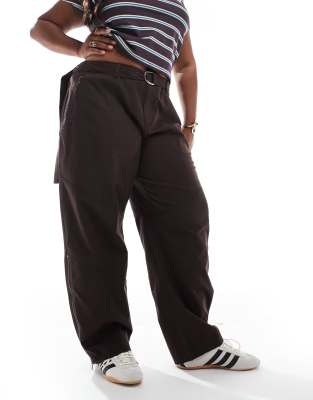 Asos Design Curve Belted Paneled Laundered Utility Pants With Zip Detail In Brown