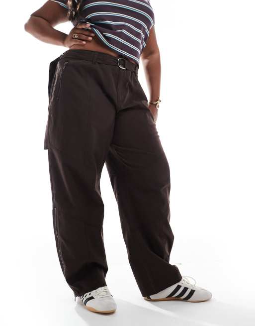 ASOS DESIGN Curve belted panelled laundered utility trousers with zip detail in chocolate, 2 of 5
