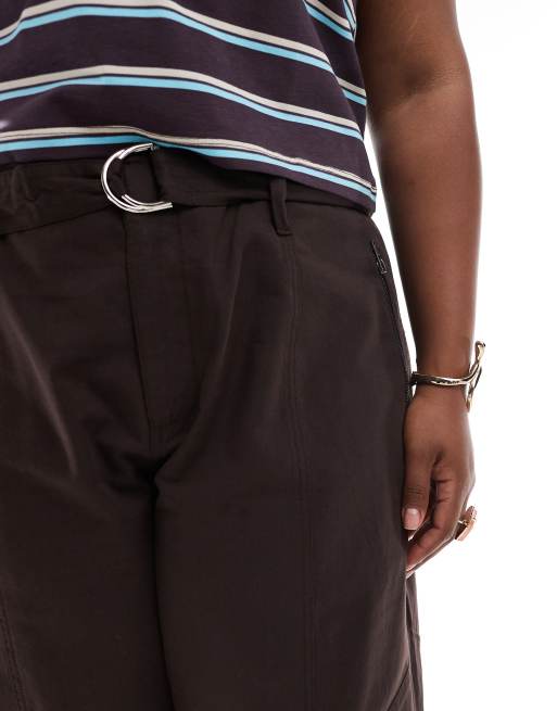 ASOS DESIGN Curve belted panelled laundered utility trousers with zip detail in chocolate, 5 of 5