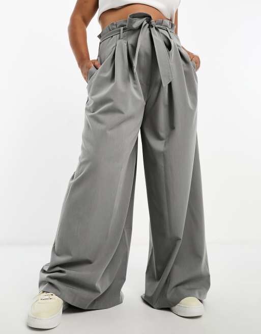 ASOS DESIGN Curve belted paperbag pants in light gray - part of a set