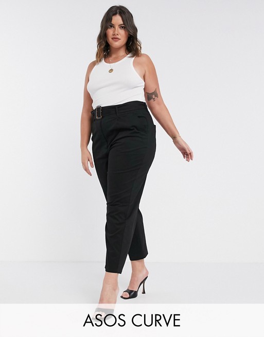 ASOS DESIGN Curve belted peg trousers with tortoiseshell buckle in black