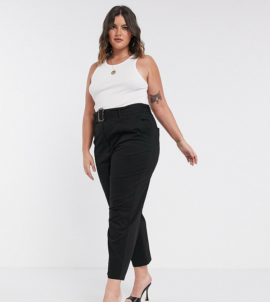 Plus-size trousers by ASOS DESIGN Part of our responsible edit High rise Concealed fly Belted waist Functional pockets Slim, tapered fit Cut closely around the thigh with a narrow shape through the leg