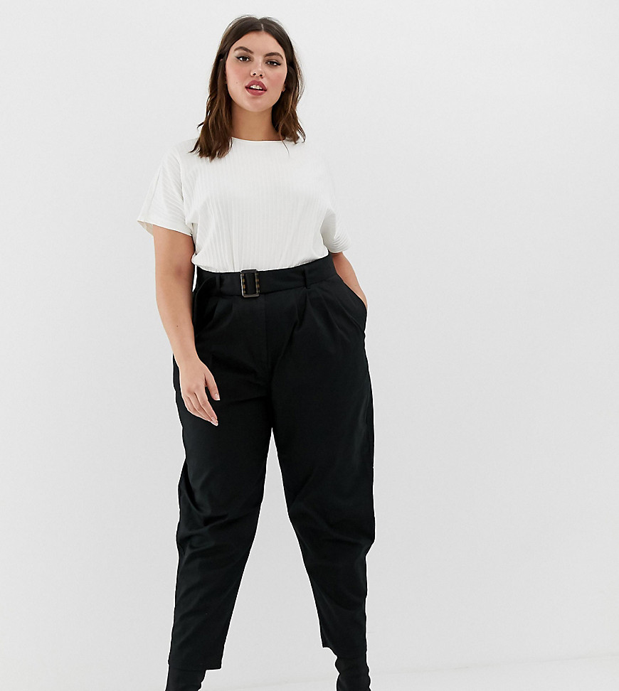 ASOS DESIGN Curve belted peg trousers with tortoiseshell buckle-Black