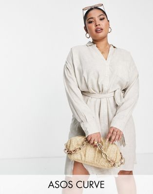 Asos Curve Asos Design Curve Belted Shirt Beach Dress In Natural-neutral