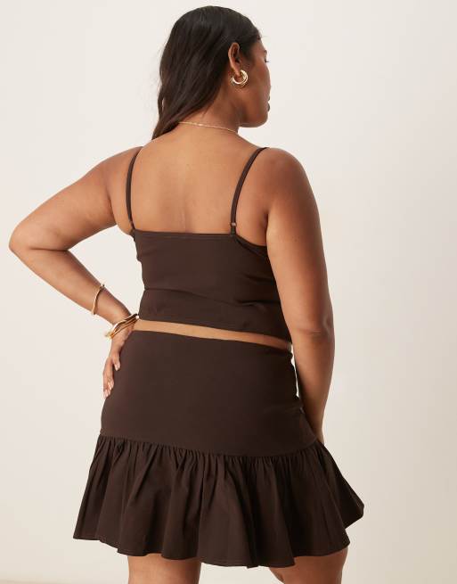 ASOS DESIGN Curve bengaline corset cami top with ruched bust detail in chocolate - part of a set, 4 of 4