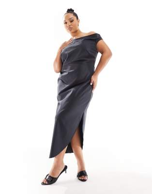 ASOS Curve ASOS DESIGN Curve bengaline fallen shoulder midi dress with ruched waist and twist shoulder detail in charcoal-Grey
