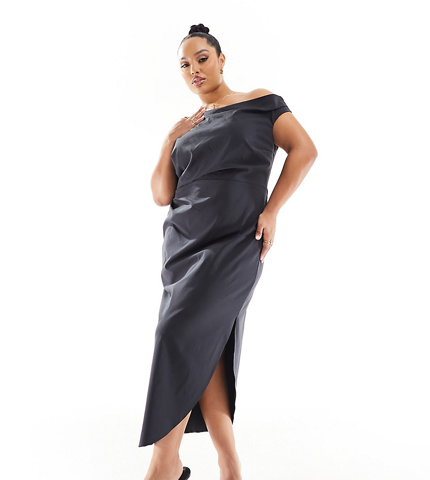 ASOS DESIGN Curve bengaline fallen shoulder midi dress with ruched waist and twist shoulder detail in charcoal-Grey
