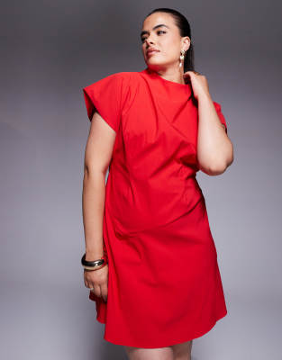 ASOS DESIGN Curve bengaline high neck mini dress with slit in red