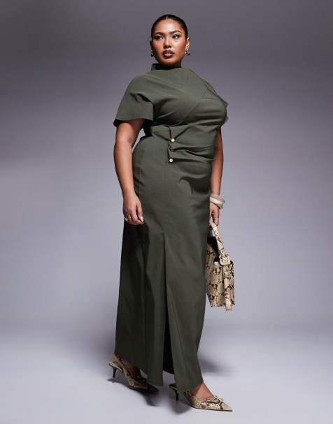 ASOS DESIGN Curve – Bengaline-Midikleid in Khakigrün mit geraffter Taille - view 1