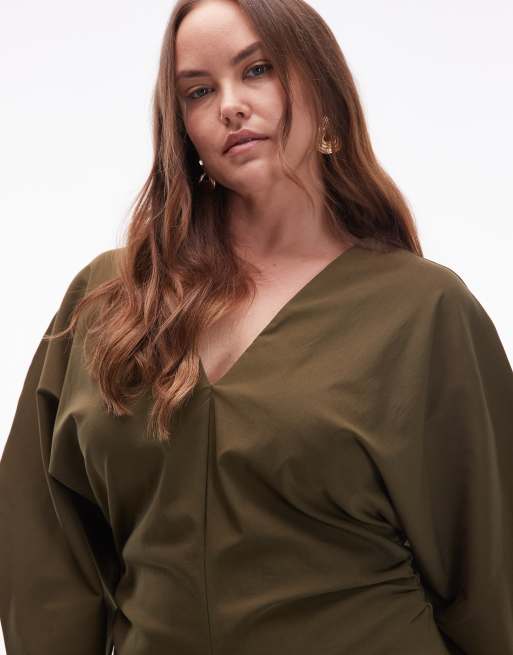 ASOS DESIGN Curve - Bengaline mini-jurk met V-hals en rimpeleffect in olijfgroen, 2 van 4