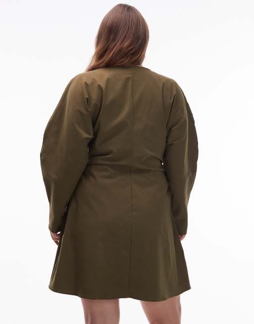 ASOS DESIGN Curve - Bengaline mini-jurk met V-hals en rimpeleffect in olijfgroen, 3 van 4