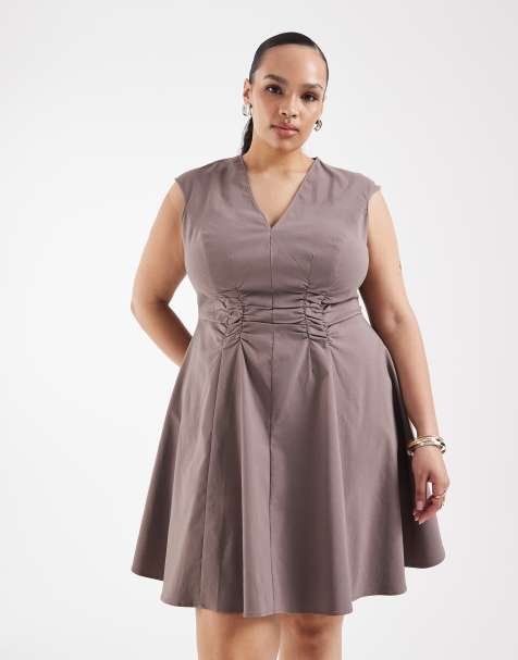 ASOS DESIGN Curve - Bengaline mini-jurk met V-hals en rimpeleffect in taupe - view 1