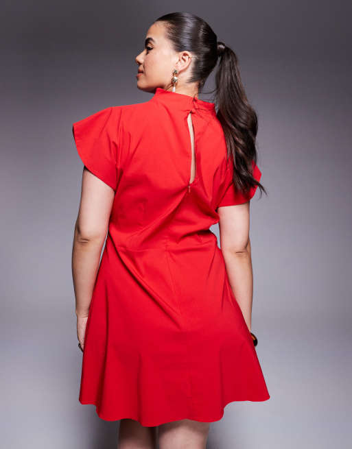 ASOS DESIGN Curve – Bengaline-Minikleid in Rot mit hohem Ausschnitt und Schlitz, 2 von 4