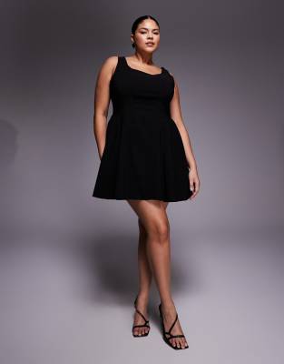 Asos Curve Asos Design Curve Bengaline Scoop Neck Structured Flippy Mini Dress In Black