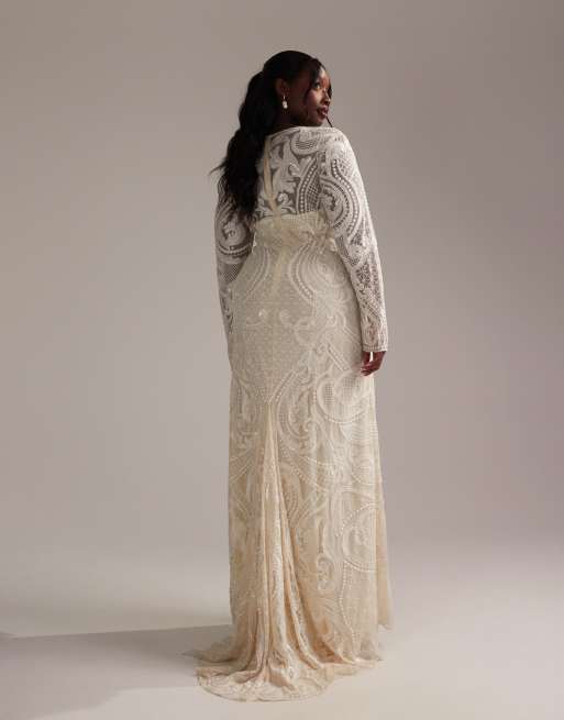 ASOS DESIGN Curve – Benvit, lång, broderad bröllopsklänning med djup ringning och långa ärmar, 3 av 6