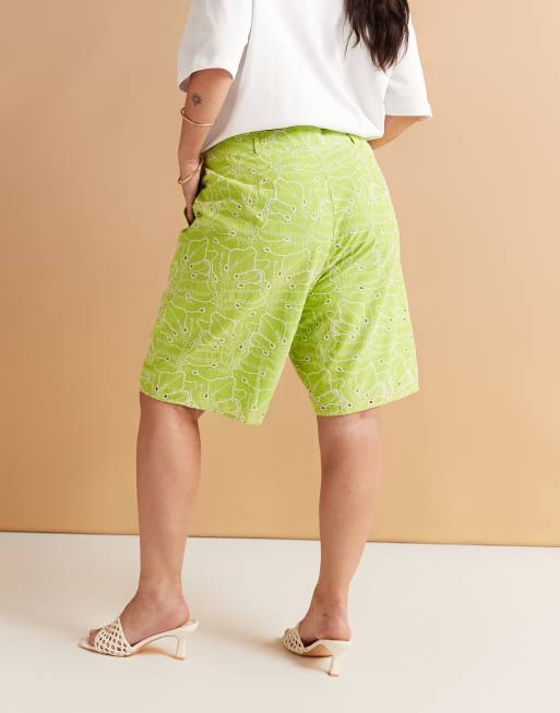 ASOS DESIGN Curve bermuda shorts with all over embroidery in lime