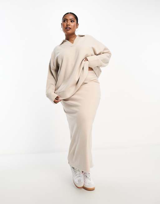 ASOS DESIGN Curve – Besonders weicher Midirock in warmem Creme, Kombiteil