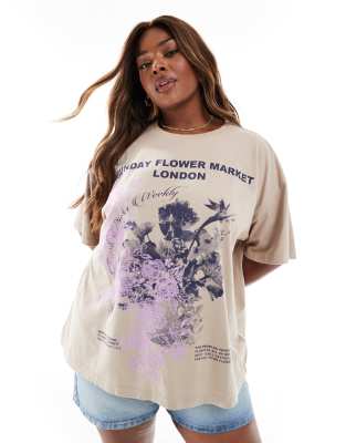 ASOS DESIGN Curve - Besticktes Oversize-T-Shirt mit „Flower Market"-Print-Braun