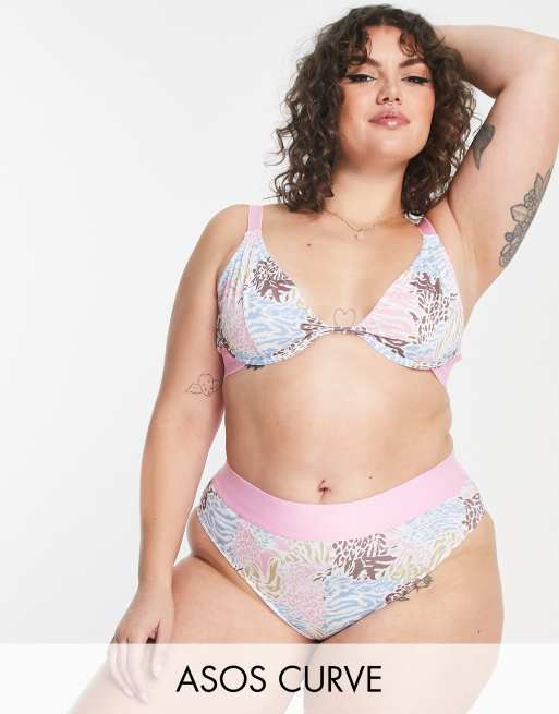 ASOS DESIGN Curve – Betty – Pastelowe bawełniane figi z wysokim stanem w zwierzęcy wzór