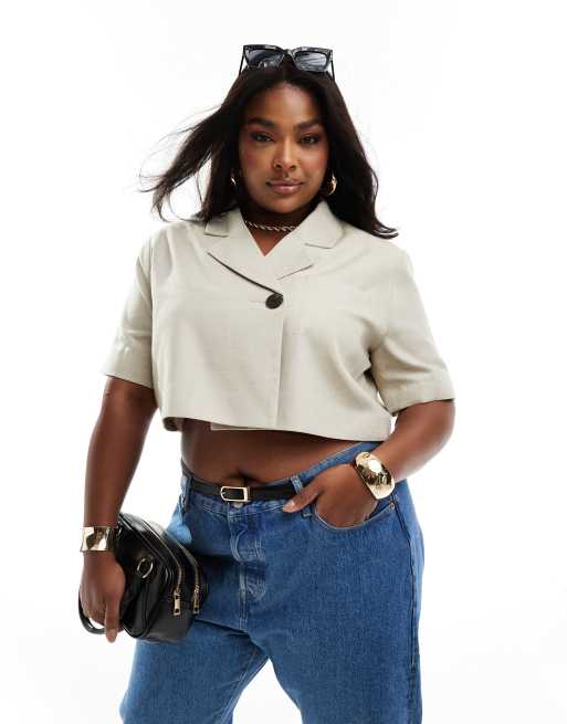 ASOS DESIGN Curve – Beżowa krótka marynarka o asymetrycznym kroju z krótkimi rękawami