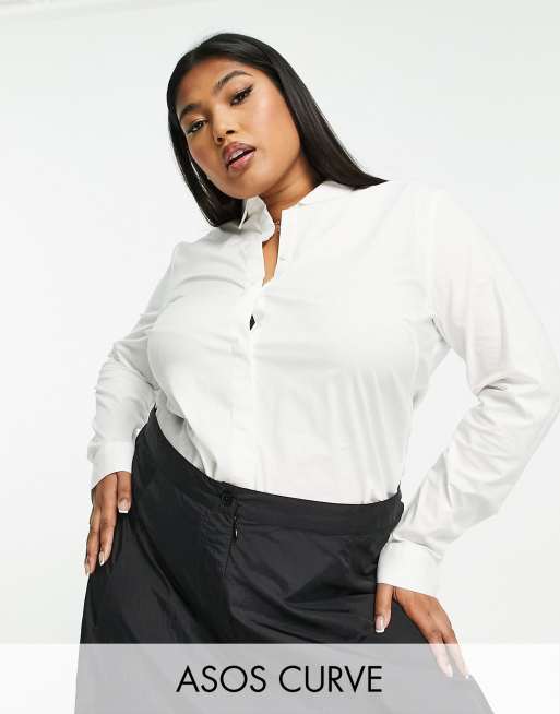 ASOS DESIGN Curve – Biała dopasowana koszula z długim rękawem z bawełny ze stretchem 