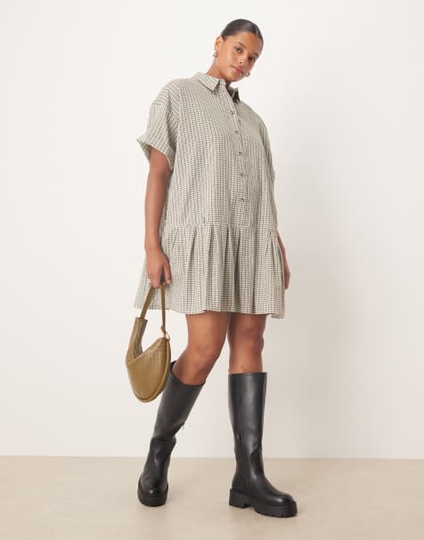 ASOS DESIGN Curve – Biało-czarna sukienka koszulowa mini, o pudełkowym kroju z obniżoną talią, w kratę - view 1