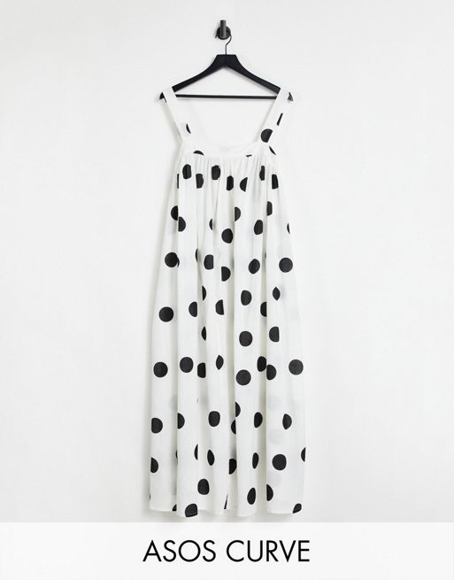 ASOS DESIGN Curve – Biało-czarna trapezowa sukienka maxi w duże grochy |  ASOS