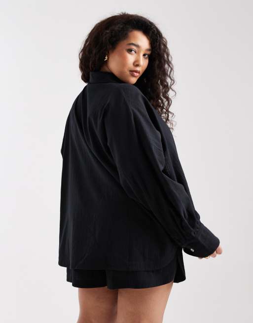 ASOS DESIGN Curve Biarritz beach textured cotton shirt co ord in black, 3 of 4