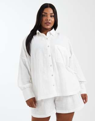 Asos Curve Asos Design Curve Biarritz Beach Textured Cotton Shirt Co Ord In White