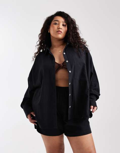 ASOS DESIGN Curve Biarritz beach textured cotton shirt in black - part of a set - view 1