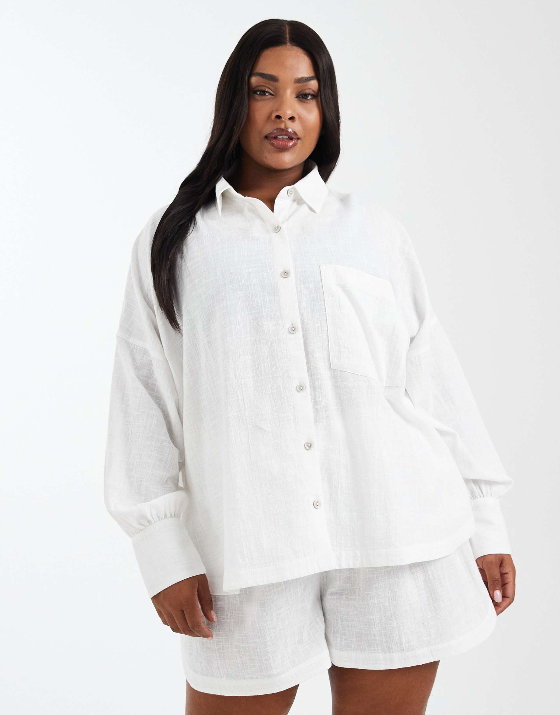 asos design curve biarritz beach textured cotton shirt in white - part of a set