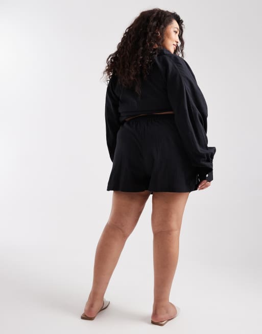 ASOS DESIGN Curve Biarritz beach textured cotton shorts in black - part of a set, 5 of 5