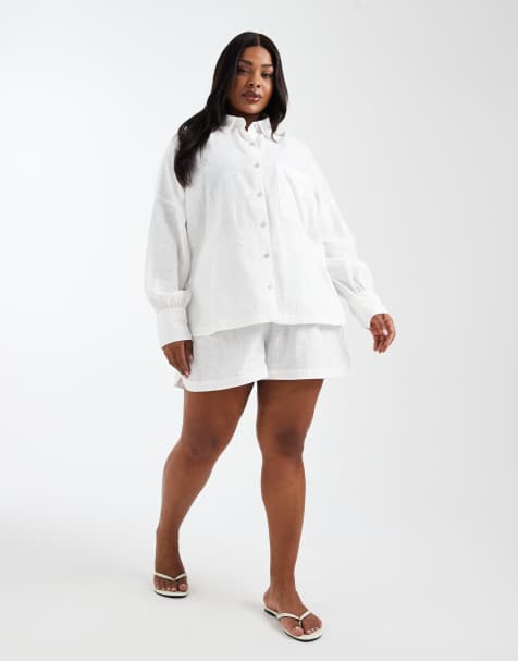 ASOS DESIGN Curve – Biarritz – Strukturierte Strand-Shorts aus Baumwolle in Weiß, Kombiteil - view 1