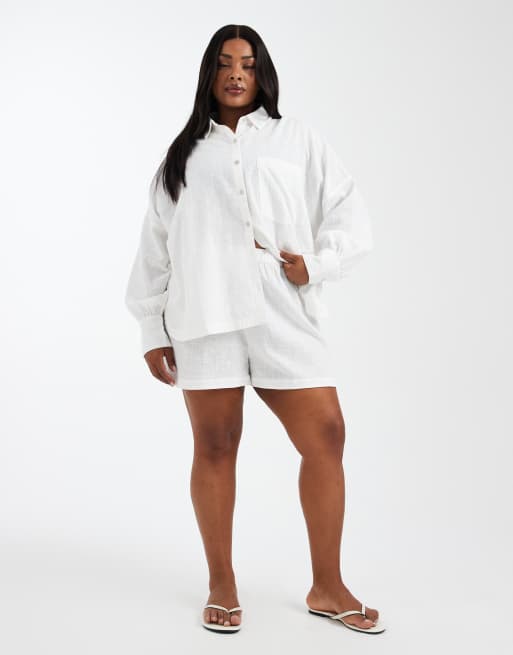 ASOS DESIGN Curve – Biarritz – Strukturierte Strand-Shorts aus Baumwolle in Weiß, Kombiteil, 2 von 5