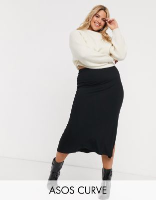 ASOS DESIGN Curve bias cut jersey midi slip skirt with split-Black